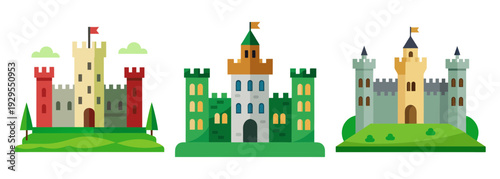 Three colorful cartoon castles on green hills scenic view