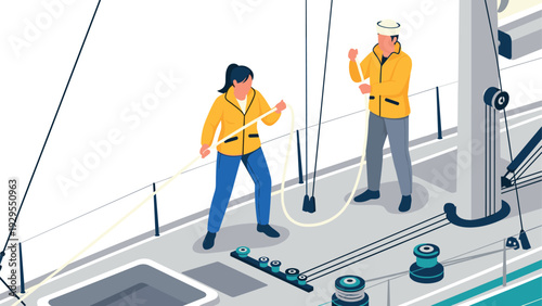 two people setting sail on a yacht with ropes in hand drawn flat style illustration