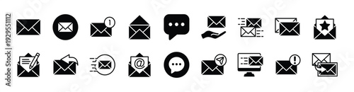 Social media message icon vector set. Contains electronic mail, speech bubble, notification, inbox, open, write, send, reply, favorite button, information, contact, copy text - illustration