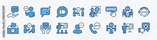 Set of advice, consultant, suggestion and proposal icon. Contains support, helpdesk, write, thumbs up, give, button, box, information, instruction, hot line, assistance - vector illustration