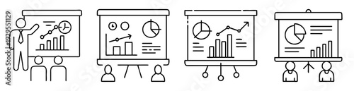 Illustrations of business presentations, diagrams, charts and graphs with presenters and audience