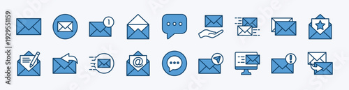 Set of social media message icon. Contains electronic mail, speech bubble, notification, inbox, open, write, send, reply, favorite button, information, contact, copy text - vector illustration
