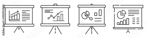 Variety of graph and chart types displayed on presentation boards on tripods