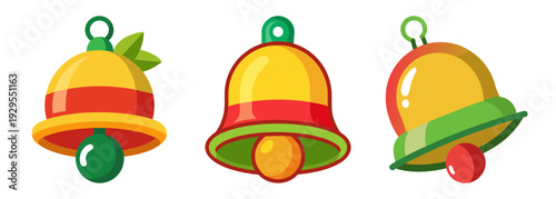 Three jingle bells with red ribbons and green accents isolated