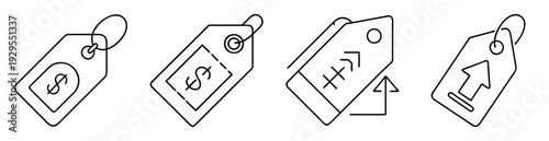 Iconographic representation of a variety of stylized price tags in outline style