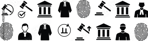 Collection of legal and justice icons including gavel courthouse judge and fingerprint Keywords: gavel, justice, law, legal