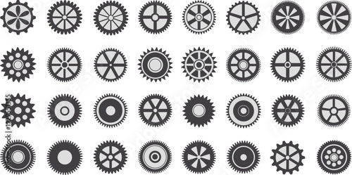 Gear wheel and cog collection illustration isolated on white background, mechanical industrial technology vector design set