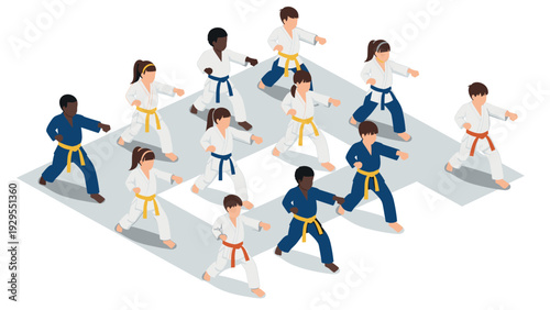 group of kids practicing karate martial arts in colorful uniforms isometric illustration