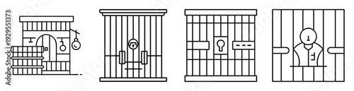 Conceptual illustration depicting various prison cells and an inmate behind bars