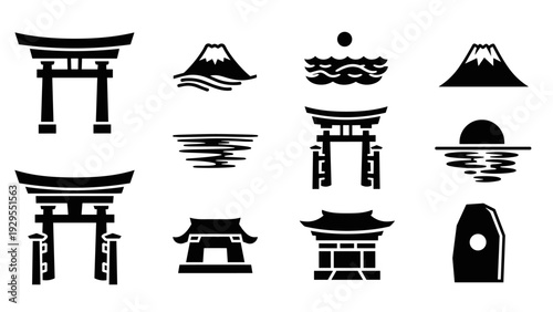 set of hand drawn Japanese torii gates mountains and sun silhouette icons
