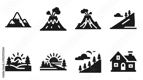 mountain and nature icon set with volcano eruption trees sunrise and house in black silhouette style