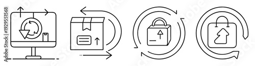 Online shopping return process in line drawing icon style illustration