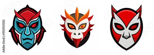 Three stylized animal masks cartoon art graphic design elements