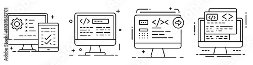 Depiction of the coding and development process on various screens and devices
