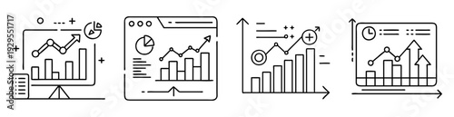 Monochrome line art showing various diagrams and graphs illustrating upward trends