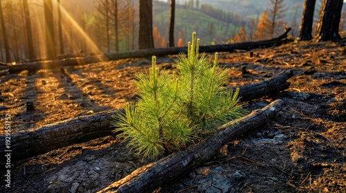Resilience Young Pine Tree Growing Amidst Burned Forest Landscape