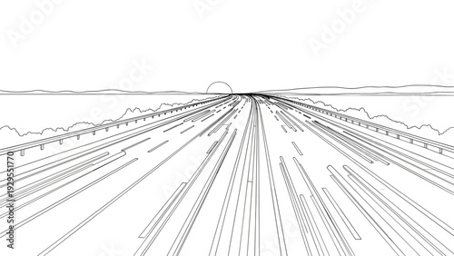 empty highway road perspective with sunset line art hand drawn illustration