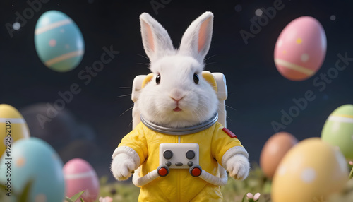 Adorable little white Easter bunny wearing an astronaut suit with colorful Easter eggs floating around in a playful zero-gravity scene. Cute neon Y2K aesthetic with vibrant colors, shallow depth, 3D