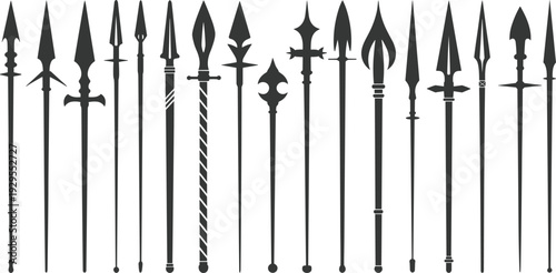 Medieval spear and halberd weapon silhouettes isolated on white background, historical polearm vector collection set