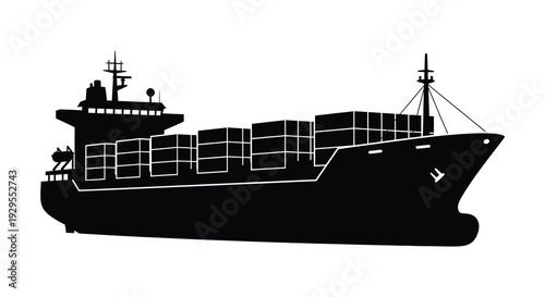 A stark black silhouette of a large container ship sailing on calm waters representing global trade and transport silhouette