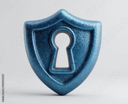 Metallic blue shield with keyhole cutout, set against a light background