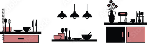 Modern minimalist kitchen countertop setups with utensils, appliances, cabinets, and decor elements in stylish black and pink silhouette illustration design.