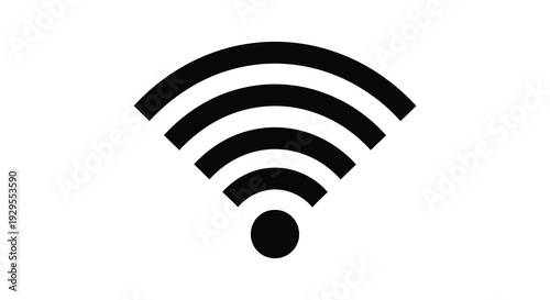 A simple stark black wifi signal graphic is prominently displayed against a white background forming a distinct silhouette