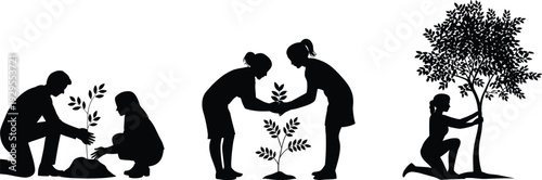People planting trees silhouette vector illustration, environmental conservation and community gardening concept isolated design