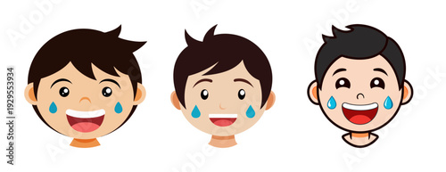 Three cheerful cartoon boys crying tears of joy from overwhelming happiness
