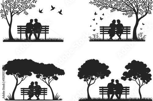 Silhouette illustration of couples sitting on benches under trees, romantic outdoor nature scene, love and togetherness concept, vector art for lifestyle, relaxation, and environment themes