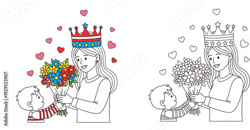 Happy Mother's Day: Son Presenting Flowers to Crowned Mom with Hearts