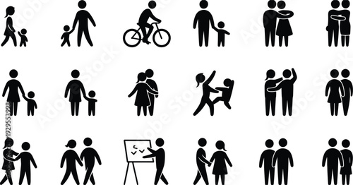 Diverse Collection of Black Silhouette Icons Depicting People and Activities family couple