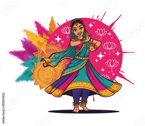Vibrant Indian dancer performing traditional Bharatanatyam with colorful Holi background