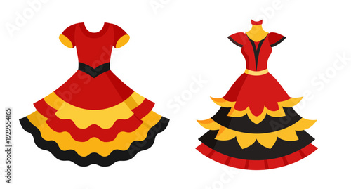 Pair of stylized red and yellow ruffled traditional spanish dresses