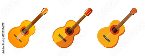 Three cartoon acoustic guitars, musical string instruments on white.
