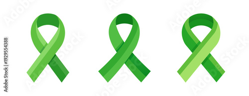 Green awareness ribbon symbol set, supporting various causes and health