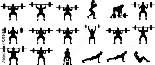 Barbell strength training silhouette set, men and women performing squat press deadlift push up exercises isolated, flat vector illustration