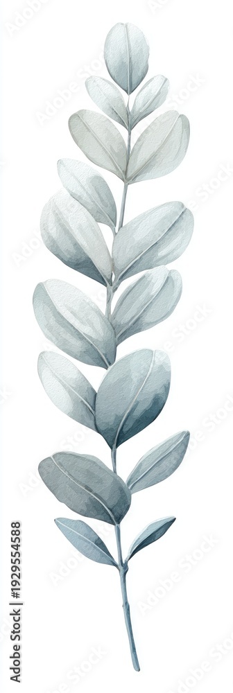 Fototapeta premium Delicate watercolor eucalyptus sprig with oval leaves in soft blue-grey tones
