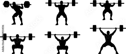Barbell squat and overhead press silhouette set featuring strength training exercises isolated on white background illustration
