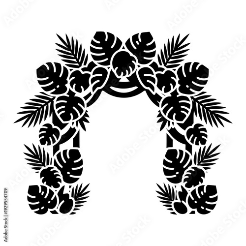 Black silhouette of a tropical leaf archway featuring Monstera and palm leaves. Decorative floral frame vector illustration isolated on white.