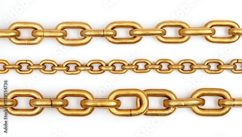 Three golden chains of varying links and thickness on white