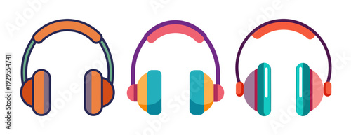 Colorful flat design headphones vector illustration set, music audio technology