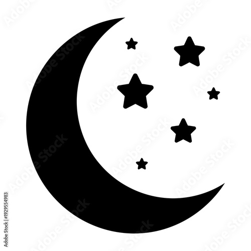 Crescent moon and stars silhouette icon representing night sky and sleep