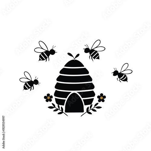 Black and White or Silhouette Backyard Apiary Beehive with Active Honey Bees