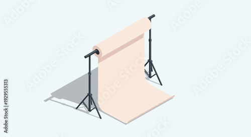 Isometric view of a seamless paper backdrop setup with two tripods, in a studio environment, creating a clean and modern look, ideal for various creative projects.