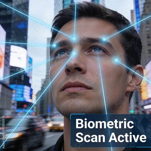 biometric scan of man's face, biometric technology, face scan, urban biometric scan
