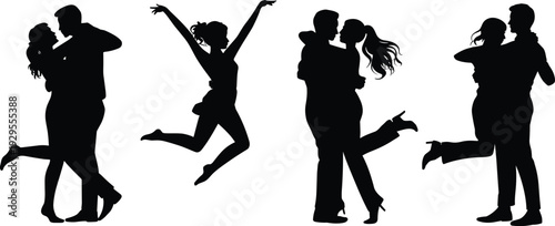 Romantic couple silhouettes isolated on white background, love relationship and dancing people vector illustration set