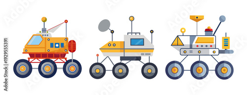Set of three cartoon mars rovers for space exploration missions