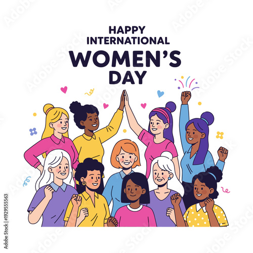 A vibrant illustration of diverse women celebrating International Women's Day with joy and unity, symbolizing empowerment and global sisterhood