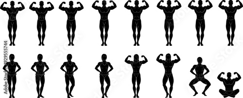Bodybuilding competition poses silhouette set with muscular male athlete front side and back classic fitness stage positions vector
